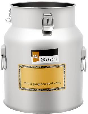 Jarra de leche de acero inoxidable de 14 litros, recipiente de transporte de leche, recipiente con cerradura con asas y tapa hermética, adecuada para almacenar agua, leche, vino, queso y crema