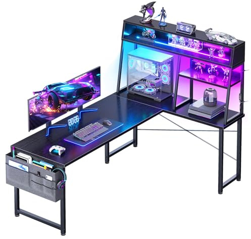 Coleshome L Shaped Gaming Desk with Led Lights, 130×100 cm, Black