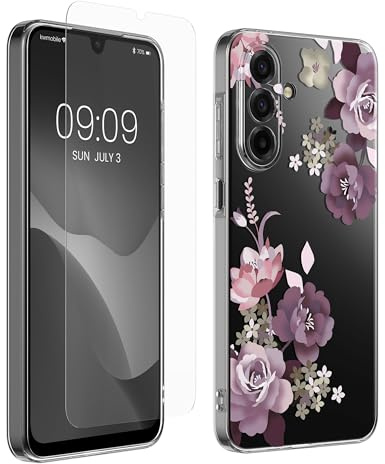 kwmobile Skal kompatibel med Samsung Galaxy A17 4G / 5G - Transparent silikonfodral - Med glas-skärmskydd - Blommor och rosor i pastelllila transparent