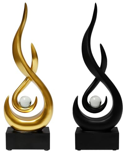 Mocifa 2 Stück Moderne Deko Flamme Skulptur, 29 x 8.7 x 4 cm, mit Glaskugel | Moderne Skulptur Deko, aus Kunstharz, Flamme Statue, Abstrakte Kunst Skulptur, für Wohnzimmer, Büro, Regal (Gold, Schwarz)
