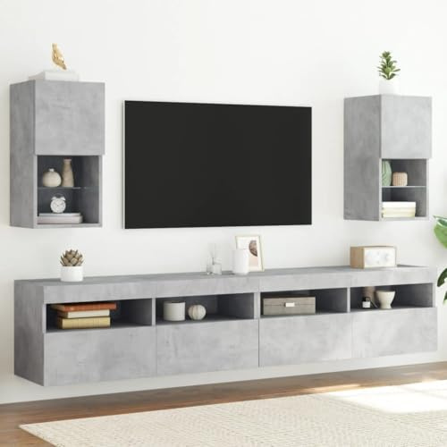Yunovire Lot de 2 meubles TV avec lumières LED, gris béton, 30,5 x 30 x 60 cm, meuble multimédia moderne pour salon, stable