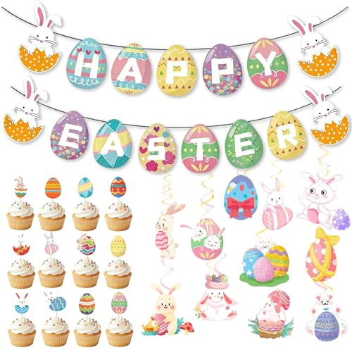 Påskkalas, dekorationsset – 12 kaninägg, spiralhängare, 15 'Happy EASTER' banderolldelar och 12 cupcake-toppar, levande kaninägg, dekoration för påsk- och födelsedagsfester