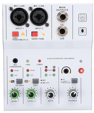 TIKATARER Mixer Audio BT a 2, Controller Audio DJ con Ingressi Multipli, Uscita AUX MP3 con Alimentazione Phantom, Guscio in Metallo per Registrazione e Performance Sul Palco (WHITE)