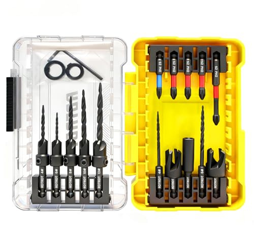 18 PCS Countersink Drill Bit Set, HSS Tapered Drill Bits Counter Sink Drill Bit with 2PCS Wood Plug Cutter 1/4 Hex Shank Quick Change for Woodworking with Storage Box