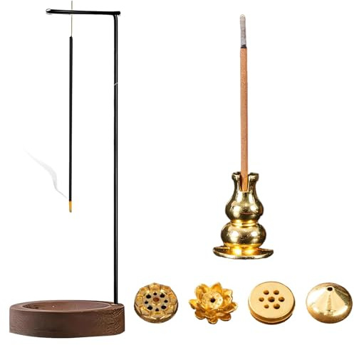 7-in-1 Räucherstäbchen Halter, Inklusive Metallhalter mit Holzbasis & 5 Räucherstäbchenhalter, Umgedrehter Incense Holder für Yoga, Meditation, Aromatherapie, Raumdekoration, Büro & Schlafzimmer