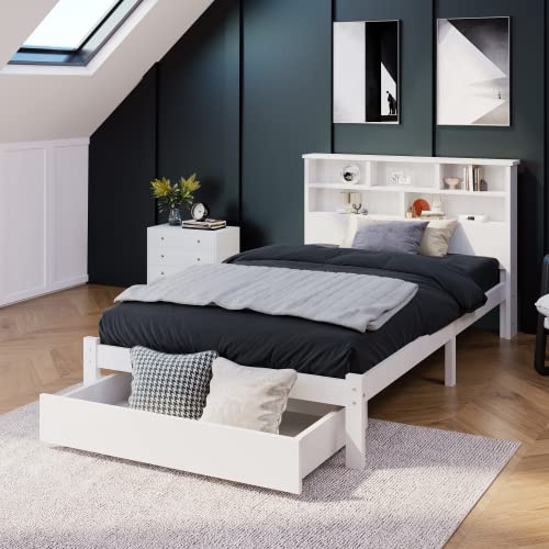 kozamas Jugendbett & Erwachsenenbett 90x200 cm mit Stauraum & Regal - Massivholz Einzelbett mit Lattenrost - Weiße Stauraumbetten für Jugendzimmer und Erwachsene