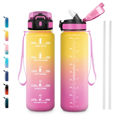 JAPORIA Trinkflasche 1L, Sportflasche Kohlensäure Geeignet mit Zeitmarkierung & Strohhalm für Fitness, Fahrrad, Yoga