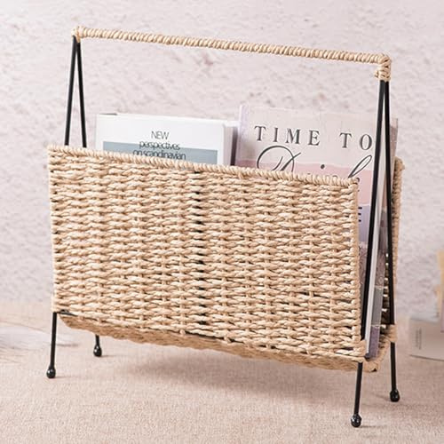 Woven Paper Rattan Freestanding Magazine Rack 35×36×16cm, Large Capacity Portable Book & Newspaper Holder with Metal Frame, Sofa Side Floor Storage Organiser for Bedroom Living Room Office