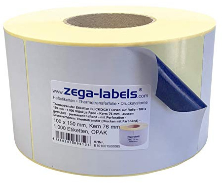Thermotransfer Etiketten BLICKDICHT OPAK auf Rolle - 100 x 150 mm - 1.000 Stück je Rolle - Kern: 76 mm - aussen gewickelt - permanent haftend - Druckverfahren: Thermotransfer (Drucken mit Farbband)