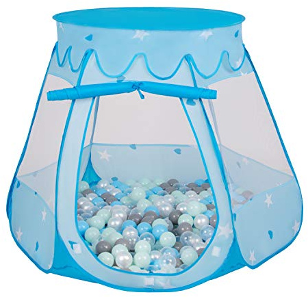 Selonis Lektält, 105 x 90 cm/100 bollar, slott, hus, pop-up, bollhav, plastbollar för barn, blå: pärlgrå-genomskinlig-babyblå-mintgrön