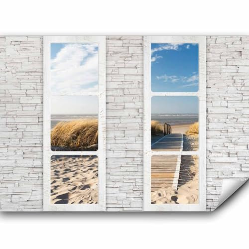 murando Fototapete selbstklebend Fenster Meer 441x315cm Foto Tapete Tapetenfolie Möbelfolie Wandverkleidung Wandtapete Motivtapeten Bildtapete Wohnzimmer 3d Effekt Strand Natur Fenster Steine Ziegel