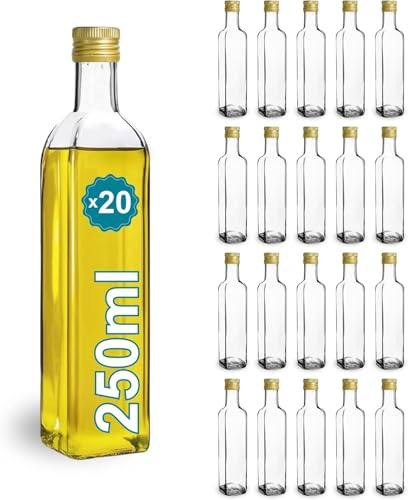 Espirito Rebelde 20 Bouteilles en Verre 250ml avec Bouchon a Vis Doré | Huile d'Olive, Vinaigre, Alcool | Huilier en Verre, Récipient en Verre, Bouteille D'Huile