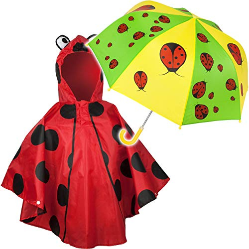 alles-meine.de GmbH 2 TLG. Set: Regenschirm + 3D Effekt - Regenponcho - lustige Marienkäfer - Kinderschirm - Ø 72 cm - Regencape - Kinder - 2 bis 6 Jahre - Stockschirm - groß mit..