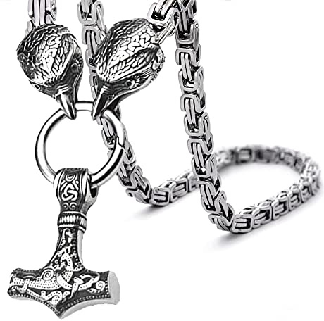 WDBAYXH Viking Thor's Hammer Necklace, Mens Stainless Steel Norse Mythology Mjolnir Pendant Amulet Pagan Vintage Handmade Odin's Raven King Byzantine Chain Jewelry,50CM