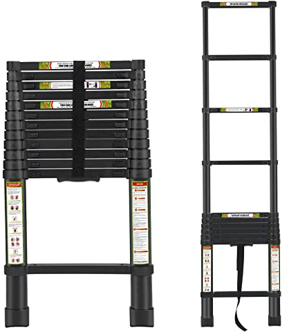 RIKADE Telescopic Ladder, 12.5FT Aluminum Telescoping Ladder with Non-Slip Feet, Portable Extension Ladder for Household and Outdoor Working, 330lb Capacity, Black