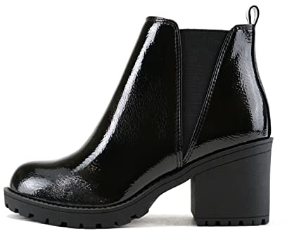 Soda ORIGAMI ~ WOMEN LUG SOLE MID HEEL FASHION ANKLE BOOTIE W/DOUBLE ELASTIC GORE (6.5, Black Crk Patent, numeric_6_point_5)