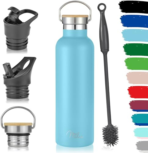 Milu Edelstahl Trinkflasche 350ml 500ml 750ml 1000ml (+3 Deckel) - Thermosflasche mit Strohhalm, Isolierte Wasserflasche, Auslaufsichere Isolierflasche doppelwandig (Himmelblau, 750ml)