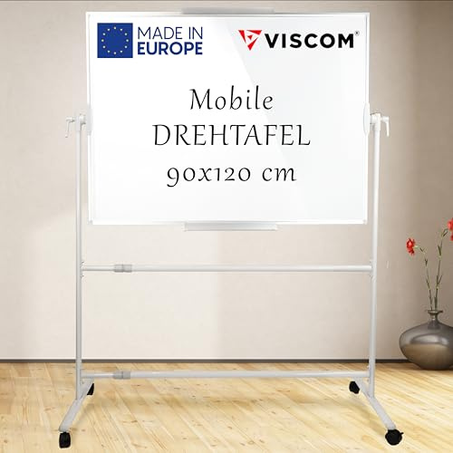 VISCOM Whiteboard mit Ständer & Rollen - 90 x 120 cm - beidseitig nutzbar | doppelseitige Stativdrehtafel - mobiles Whiteboard magnetisch, beschreibbar - Drehtafel mit Rollenständer - Aluminiumrahmen