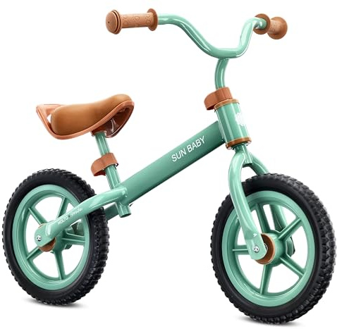 sun baby Bicicletta Senza Pedali per Bambini 2 Anni Molto Strada, max. 30 kg, – Balance Bike con pneumatici in schiuma, sella e manubrio regolabili, telaio in acciaio - Sage Green con pneumatici neri