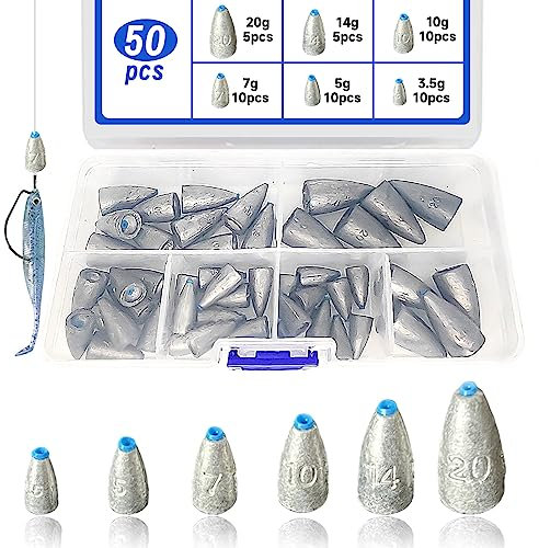 XSHAO 50 unidades de plomo de pesca, 3,5 g/5 g/7 g/ 10 g/ 14 g/ 20 g con caja de almacenamiento para en mar, peces de agua profunda y de agua dulce
