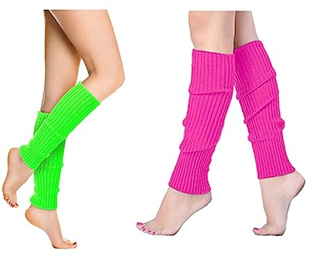 FVIZAL Neon Leg Warmers, 2 Pairs 80s Women Warmers Knit Ribbed Warmer, Ice Skating Accessories and Sports Yoga Supplies, for Girls (Rose Red, Fluorescent Green)