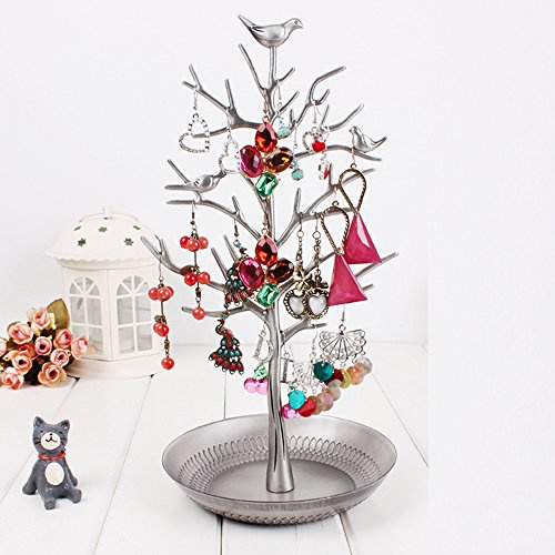 LEUTED Schmuckständer, Vogelform Armbandständer, Ohrring ständer Metall, Kettenständer mit Schmuckschale, Schmuckhalter Vogelform Schminktisch Deko Baum für Ketten Ohrringe Ringe (Silber)