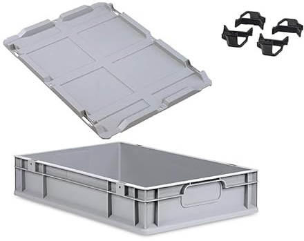 Eurobox NextGen Economy 60x40x12cm Griffe geschlossen mit Auflagedeckel grau, Kunststoffbox 23 L stapelbar Transportbox lebensmittelecht, Farbe Deckel-Verschlüsse wählbar (Verschlüsse Schwarz)