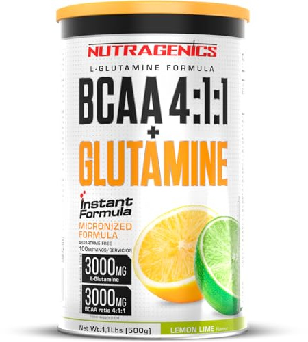 Aminoacidi ramificati BCAA 4.1.1 - Con Glutammina - 500 g - In deliziosi gusti - Aminoacidi BCAA - Aminoacidi in Polvere - Arricchito con Glutammina - NUTRAGENICS (500 g, Lima limone)