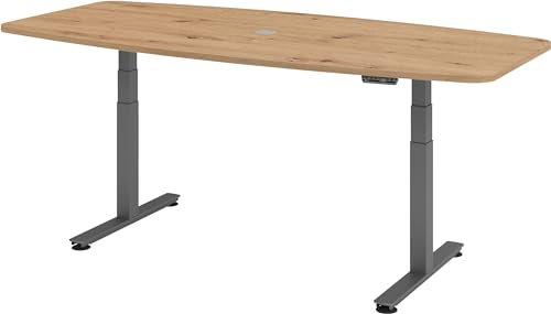bümö Konferenztisch elektrisch höhenverstellbar 220x103 in Asteiche, Gestell: Graphit - elektrischer Besprechungstisch oval mit Memoryfunktion höhenverstellbarer Meetingtisch