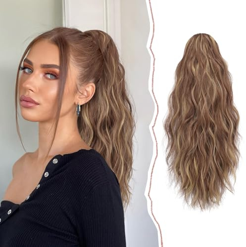 Sofeiyan Pferdeschwanz Haarteil mit Klammer, Lange Gewellt Pferdeschwanz Verlängerung Claw Clip in Ponytail Haarverlängerung Natürliche Synthetische Ponytail Extension für Frauen, 45cm Braun und Blond