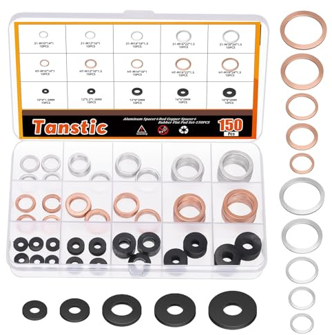 Tanstic 150Pcs Ölablassschraube quetschen Unterlegscheiben Sortiment Öl Quetschscheiben Aluminium und Kupfer Ölablassschraube Dichtung mit Gummi Unterlegscheiben für Automotive (M10 M12 M14 M16 M18)