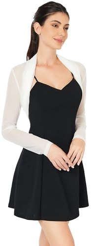 AmélieBoutik Women Ruched Long Sleeve Bolero Cropped Sheer Shrug Open Front Cardigan Lightweight Knit(Off-White Small)