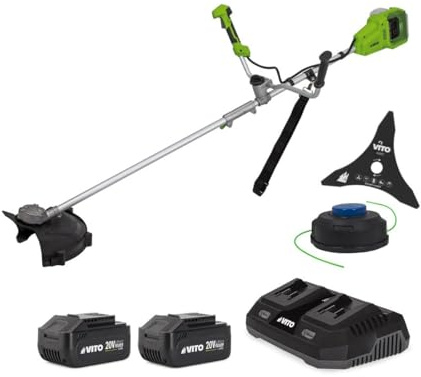VITO – Desbrozadora inalámbrica 40 V + 2 baterías de litio 4 Ah Corte Ø 250 – 350 mm, hoja e hilo de nailon + cargador doble rápido