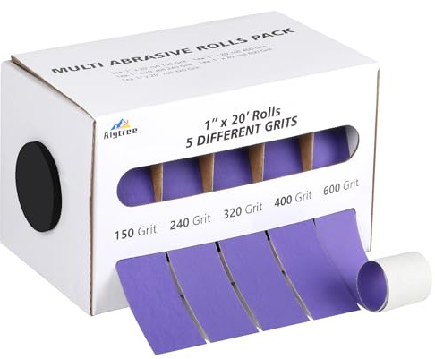 5 Grits Emery Cloth Roll, 150 240 320 400 600 Grits Abrasive Sandpaper Rolls, 1 x 20 Ft Purple Sand Paper for Wood, Furniture Metal & Wall, 5 Rolls of Wet and Dry sandpaper with Dispenser