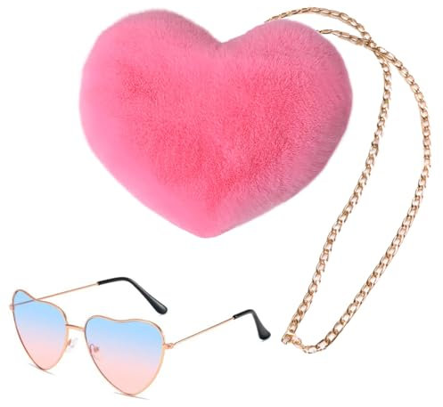 MYHUNJA Sac en peluche en forme de cœur pour femme - Sac à main souple - Avec lunettes dégradées de couleur - Petit sac à bandoulière à chaîne pour carnaval, fête costumée, cadeau - Accessoires de
