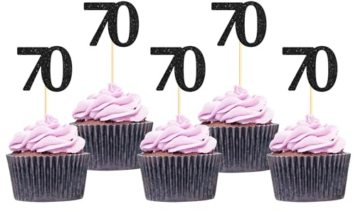 Sotpot 30pack Happy 70th Cupcake Toppers Black Glitter Cake Decorations for 70th Birthday Wedding Anniversary Party Supplies