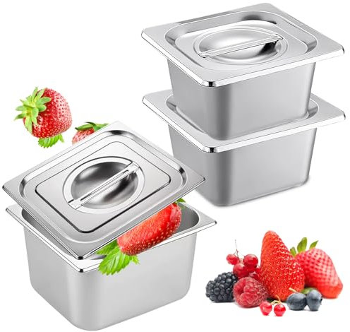 PORFOYO Vassoio in acciaio inox 3 vassoi professionali con coperchi (17,5 x 16,6 x 10 cm), vassoio Gastronorme GN 1/6 per ristorazione, cucina, credenza, contenitori alimentari impilabili