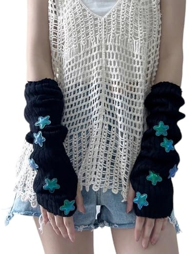 CharmBurst Damen Y2k Strick Armwärmer Lange Fingerlose Fäustlinge Mit Daumenloch Niedliche Stern Handschuhe Japanische Harajuku Accessoires