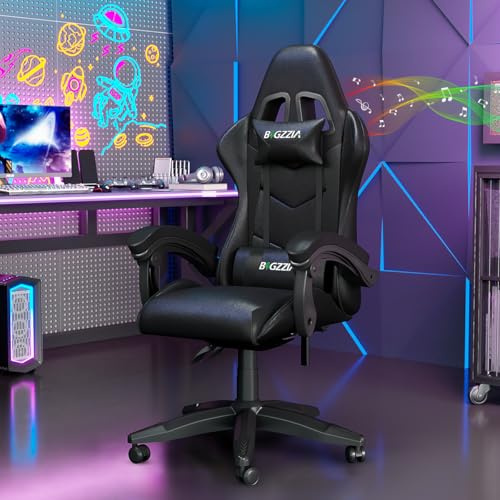 Bigzzia Gaming Stuhl mit Bluetooth-Lautsprechern, Gaming Chair Schwarz | Gaming Sessel mit Lendenkissen und Kopfstütze, höhenverstellbar, PC Stuhl für Erwachsene, Mädchen und Jungen, aus PU-Leder