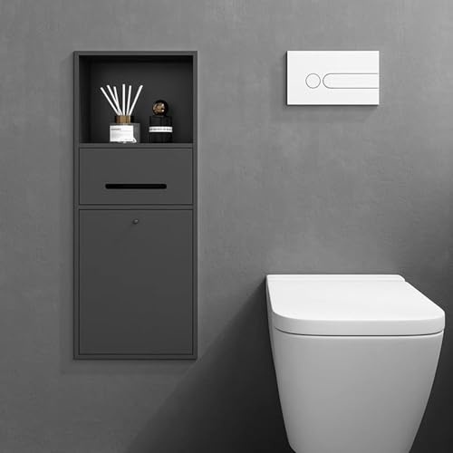Toilettenpapierhalter Unterputz Wandnische mit Ablagefach, Mülleimer | Toilettenpapierhalter, Platzsparend, Badnische mit Schrank für Taschentücher, Papierrollen und Telefon,Black