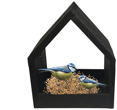 MODO24 Vogelhaus mit Ständer aus FSC® Holz, Vogelkäfig mit Dach, Wetterfestes Vogelfutterhaus für Garten & Balkon, Futterstation für Vögel, Nistkasten Vogelschutzhaus, 117x24x22, Farbe: Schwarz