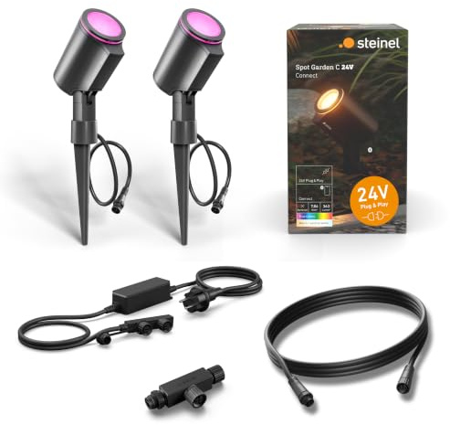 Steinel Spot Garden C 24V Starter-Set, inkl. 2x LED-Gartenstrahler mit Erdspieß und Zubehör, RGBWW, 16 Mio. Farben, App-Steuerung, Plug & Play, IP65