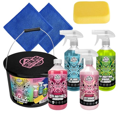 Detailing Addicts 8-Piece Car Cleaning Kit | pH Neutral Cherry Shampoo, Wheel Cleaner, Interior Dressing, Glass Cleaner, 2 Microfibre Cloths, Sponge, 12L Bucket