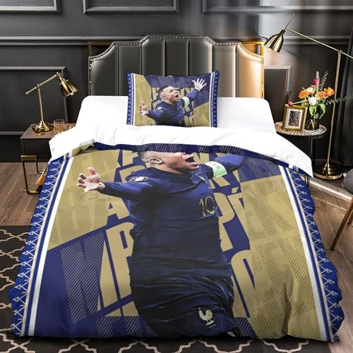 ZIMONJO Mbappe 3D Stampa Digitale Calcio 2 Pezzi Set Copripiumino Copripiumino Con Cerniera Set Di Biancheria Da Letto E Federe Microfibra Morbido Per Bambini Single（135x200cm）