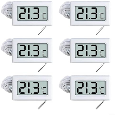Sandyseptember Termometro digitale con sonda esterna, intervallo di temperatura da -50 °C a 110 °C, per frigoriferi, congelatori, acquari, serbatoi d'acqua, 6 pezzi (bianco)