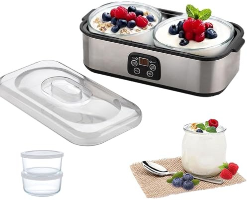 Yogurt Probiotico Bi-gusto - 2 Tazze in Vetro Per Fermentazione Simultanea | Temperatura Costante A 360°, Timer Da 0 A 48 Ore, Corpo in Acciaio Inossidabile E Coperchio Trasparente,A