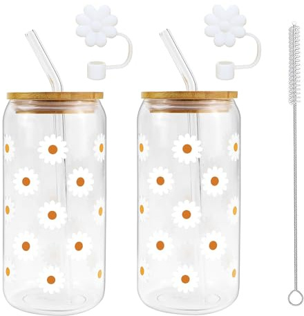 VIQIHEOE Set da 2 Bicchieri in vetro, 500ml, con coperchio e cannuccia, a forma di barattolo con motivo Daisy, Bicchieri Daisy, con spazzola per la pulizia, per caffè, smoothie, matcha, cocktail