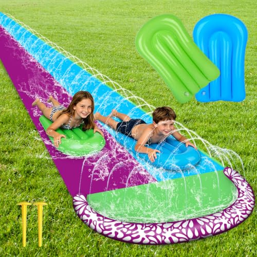 LYPPUL Scivolo ad Acqua, 480 x 210cm Scivolo d'Acqua Doppio per Prato con 2 Bodyboards, Scivolo Acquatico Giardino con Irrigatore Integrato, Festa Estiva, Prato, attività acquatiche All'Aperto