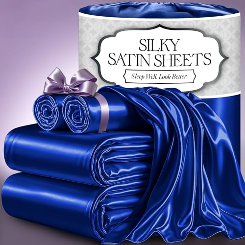 DECOLURE Parure de lit 4 pièces en Satin Doux et Soyeux avec Poche Profonde de 38,1 cm, Coutures Doubles, infroissables (Bleu)