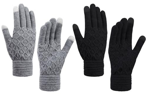 Chalier Fashion 2 Paare Damen Winter Touchscreen Handschuhe Winterhandschuhe Mit elastischen Manschetten Strick Sport Warme Handschuhe für Skifahren Radfahren und SMS MEHRWEG